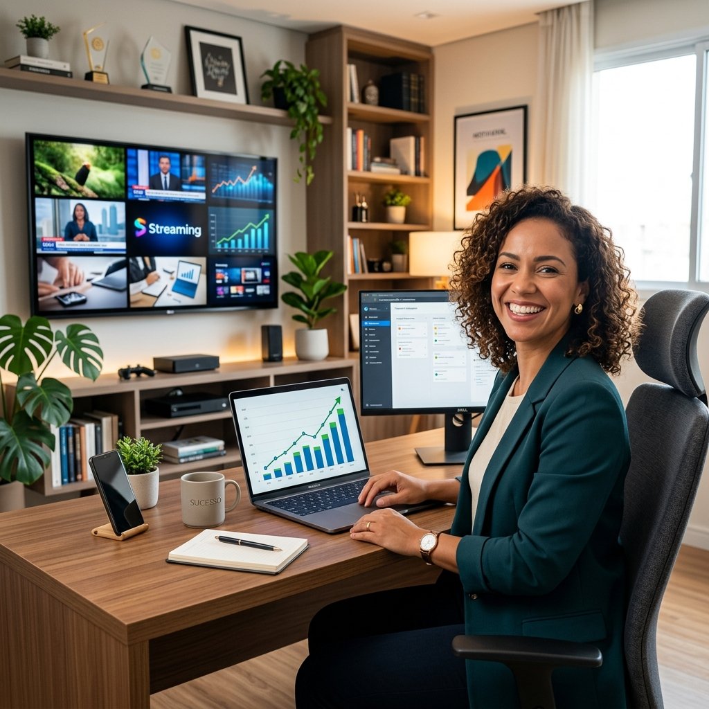 Empreendedor trabalhando em casa com revenda IPTV